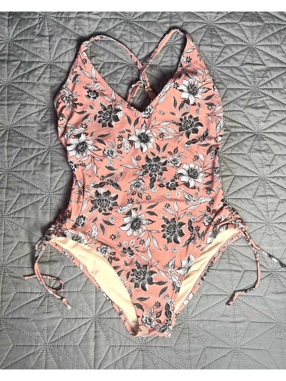 Kona Sol Womens V-Neck One Piece Swimsuit Pink Floral Cinch Side Bathing Suit L
